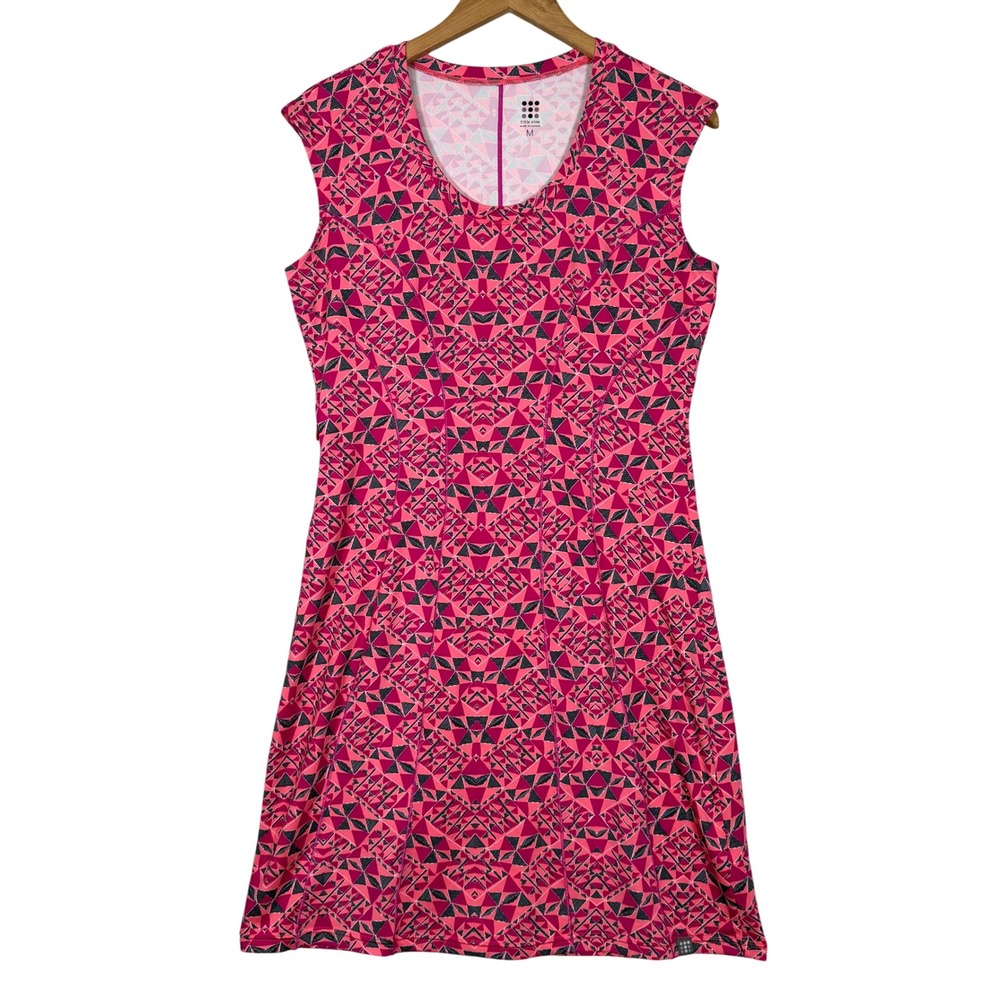 Title Nine Dream Dress Womens Medium Pink Geometric Print Zip Pocket Cap Sleeve
